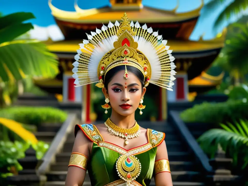 Una bailarina balinesa con traje ceremonial de los dioses en Bali, danzando en un entorno exuberante de templos y vegetación tropical