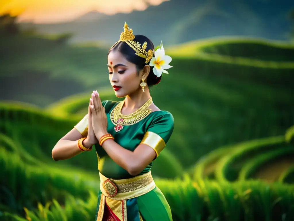 Una bailarina balinesa en un traje vibrante ejecuta un movimiento preciso en medio de exuberantes terrazas de arroz al atardecer, transmitiendo el misticismo y belleza de Indonesia