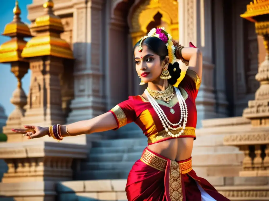 Una bailarina clásica india realiza gestos expresivos y elegantes, envuelta en colores vibrantes y joyas brillantes, frente a un templo ornamentado