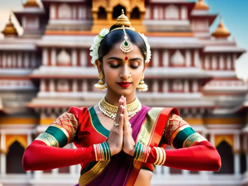 Una bailarina clásica india realiza mudras con devoción, expresando conexión divina a través de la danza