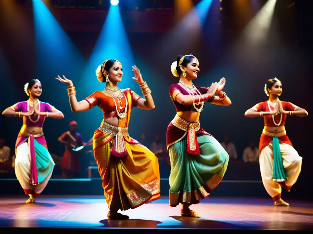 Una bailarina ejecuta la danza clásica India divinamente, con vestimenta ornamental y gestos expresivos, acompañada de músicos en escena