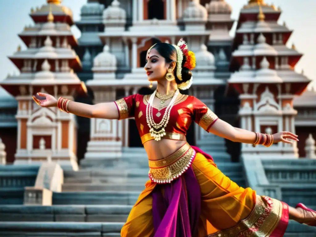 Una bailarina de danza clásica hindú, con traje y joyas vibrantes, ejecuta una grácil pose en un templo grandioso