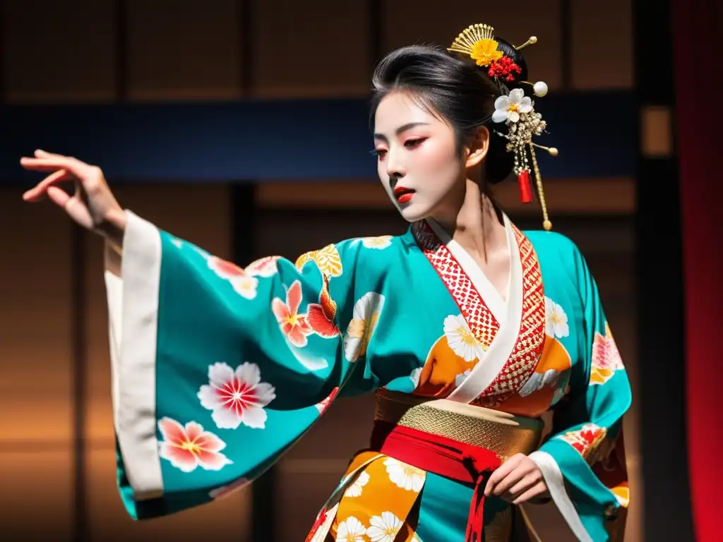 Una bailarina japonesa tradicional lleva un kimono vibrante con patrones florales