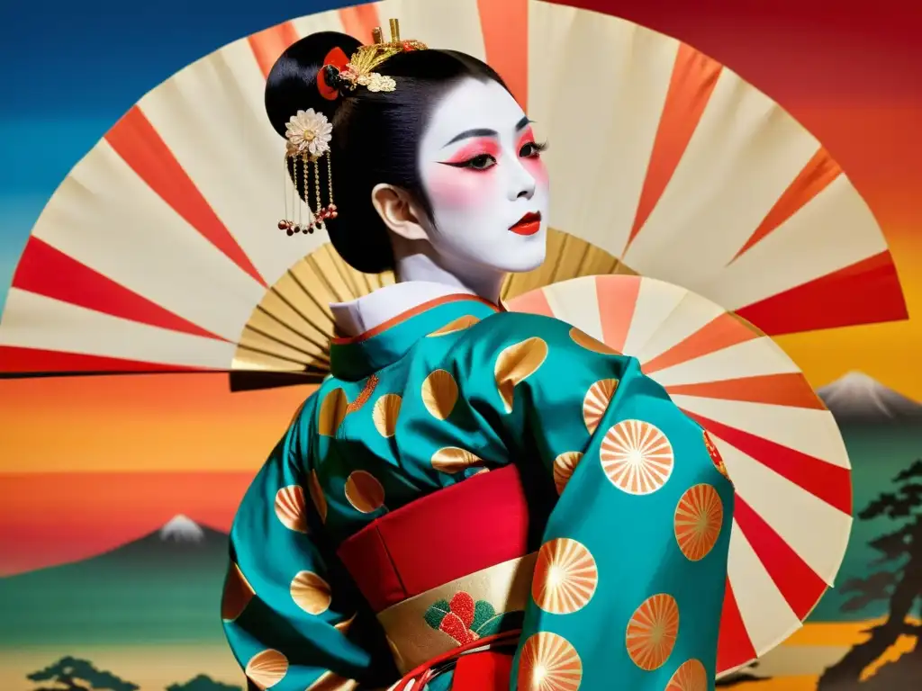 Una bailarina de kabuki tradicional japonesa ejecuta un gesto dramático con un abanico ornamentado, destacando la danza y el arte japoneses