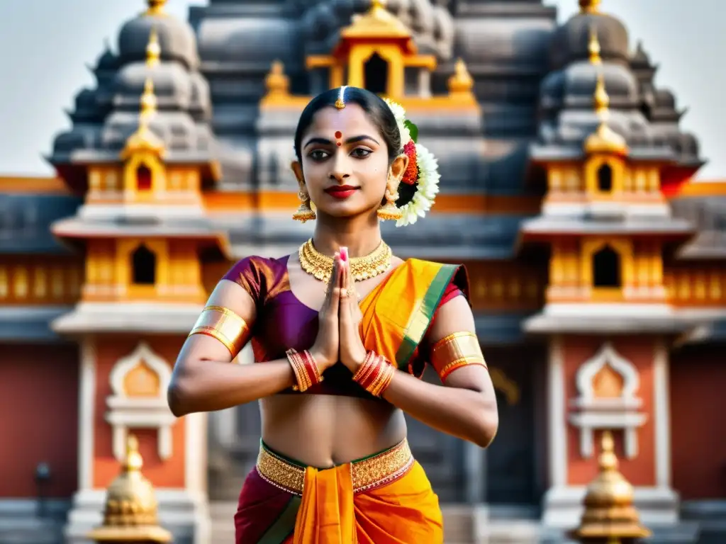 Una bailarina de Bharatanatyam con trajes vibrantes y detallados, en una pose elegante frente a un templo histórico