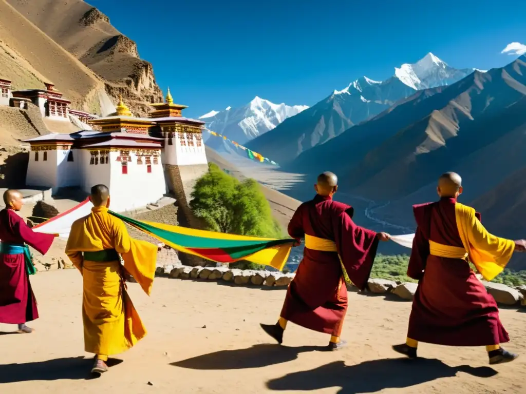 Bailarines budistas en el festival de Hemis, con montañas del Himalaya y banderas de oración