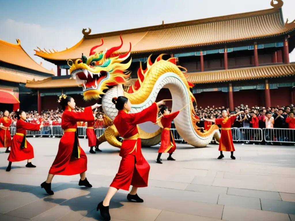 Baile del dragón en la ciudad: la multitud observa maravillada mientras el majestuoso dragón cobra vida