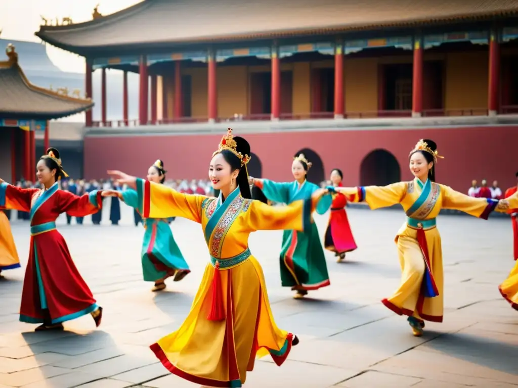 Baile de minorías étnicas en un palacio chino histórico, con vestimentas vibrantes y espectadores diversos, bajo cálido sol dorado