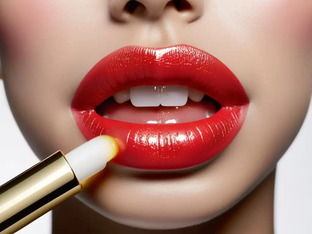 Aplicación precisa de bálsamo labial coreano, realzando su cuidado y color vibrante en labios perfectamente delineados