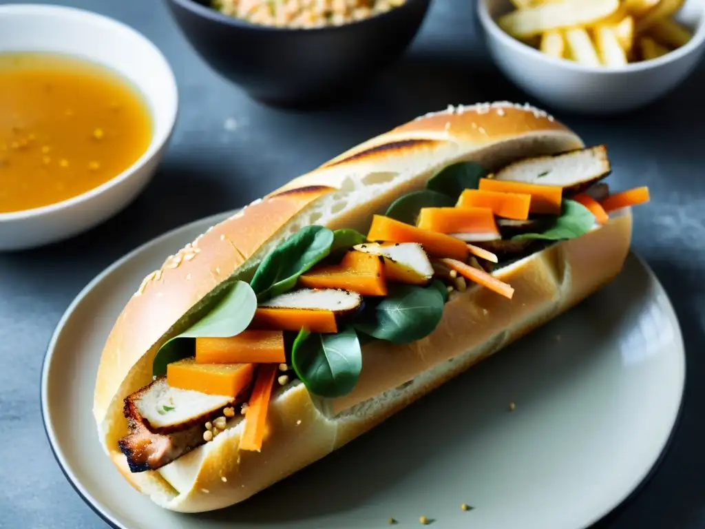 Un Banh Mi con Sabores Tailandeses, platos híbridos gastronomía asiática moderna, con baguette crujiente y relleno vibrante