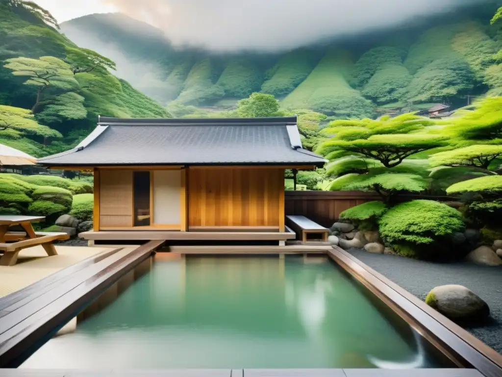 Bañistas disfrutan de los beneficios de aguas termales japonesas en un onsen rodeado de naturaleza serena y exuberante