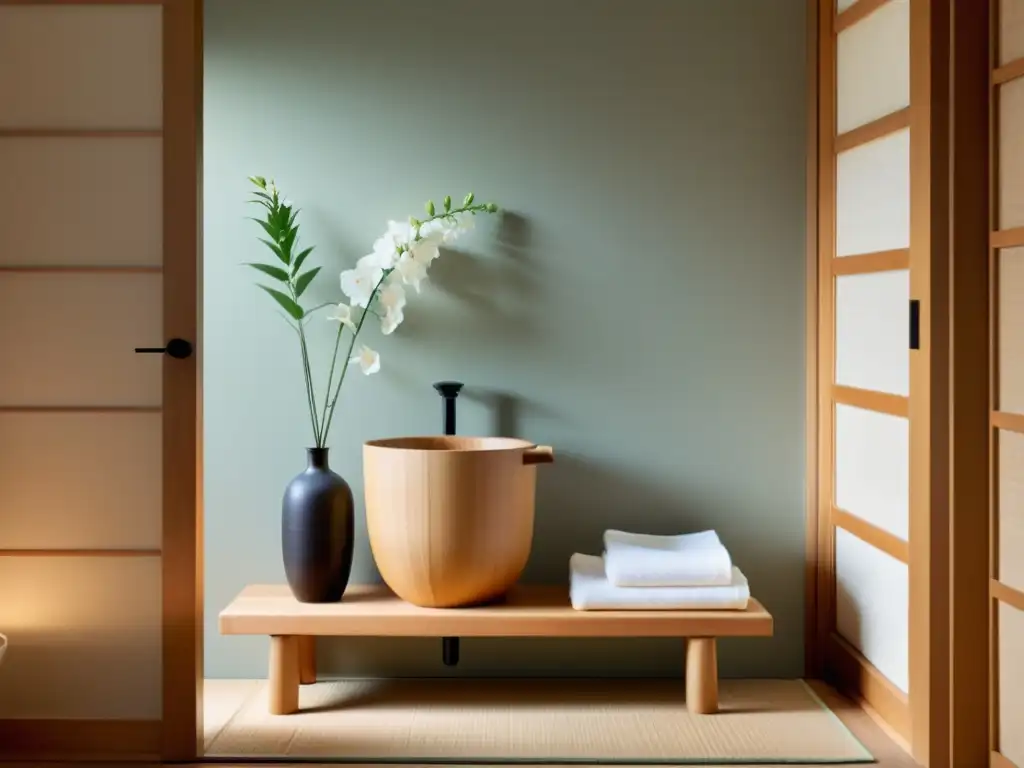 Baño japonés minimalista con cosmética y elementos tradicionales, inspirando calma y cuidado personal