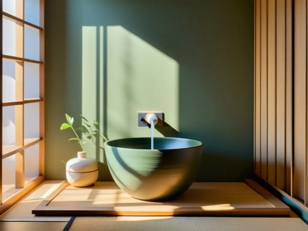 Un baño japonés sereno con elementos tradicionales y geles de baño japoneses transformación ducha, envuelto en una atmósfera de tranquilidad y pureza