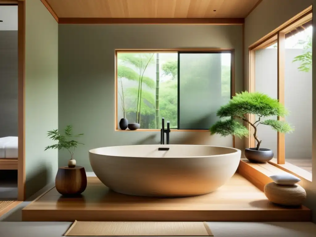 Un baño sereno y minimalista con elementos de diseño japonés, como una bañera de madera, un taburete de bambú y un lavabo de piedra