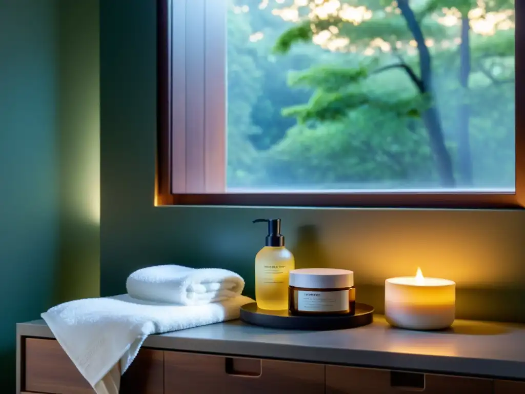 Un baño sereno con iluminación natural, productos de cuidado coreanos y una atmósfera spa, invita al ritual coreano doble limpieza piel