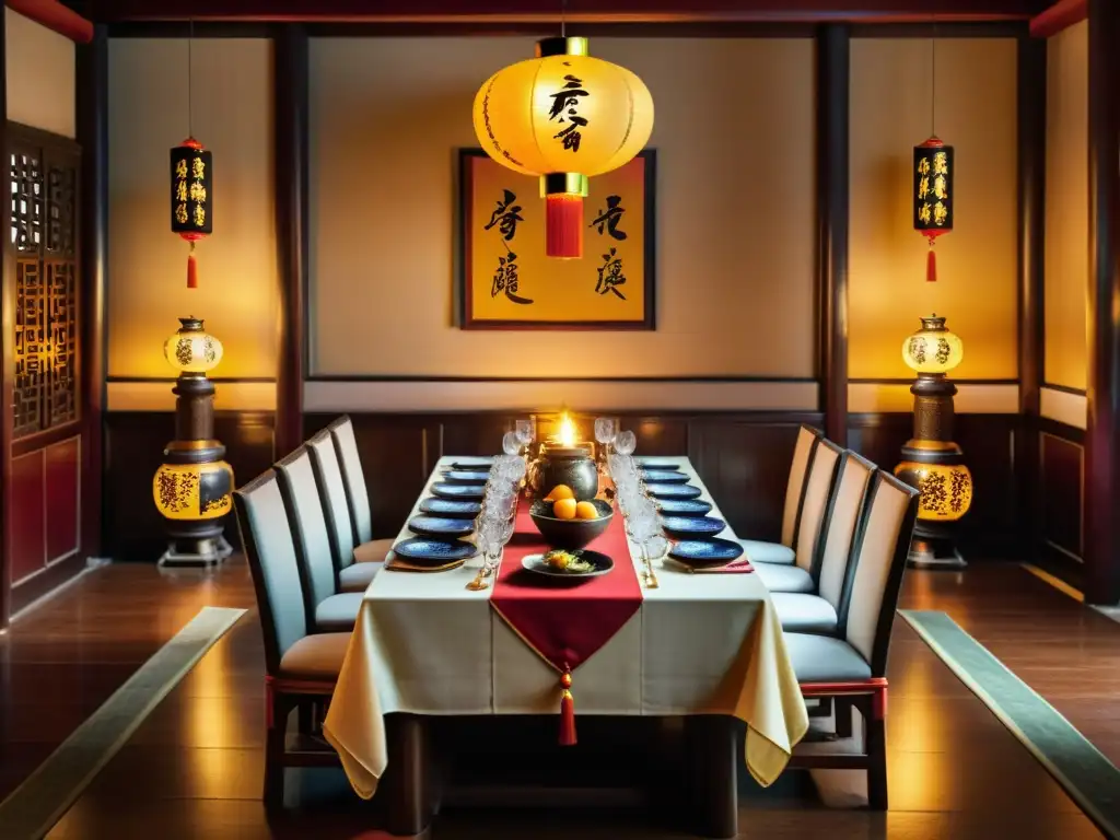 Banquete en la Dinastía Ming: Exquisita mesa decorada y comida tradicional china en un ambiente histórico iluminado por velas cálidas