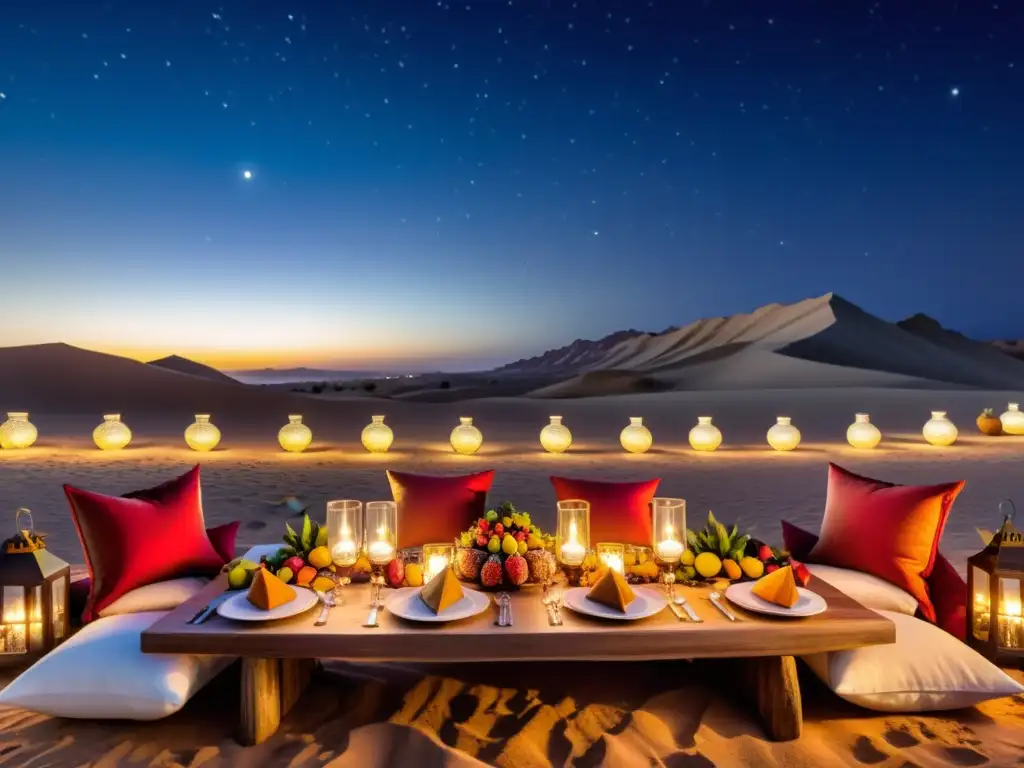 Banquete bajo las estrellas Dubai: mesa elegante en el desierto, rodeada de cojines y linternas, con exquisitas delicias y frutas