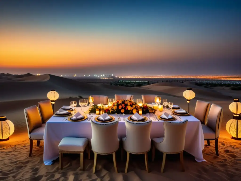 Un banquete bajo las estrellas en el desierto de Dubai, con lujosa decoración y exquisita gastronomía, iluminado por cálidas linternas