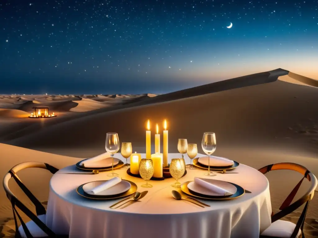 Banquete bajo las estrellas en el desierto de Dubai: mesa elegante con vajilla fina y velas bajo un cielo estrellado