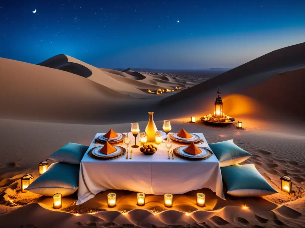 Un banquete bajo las estrellas en Dubai: una escena de lujo en el desierto con comida del Medio Oriente, cojines elegantes y una atmósfera encantadora