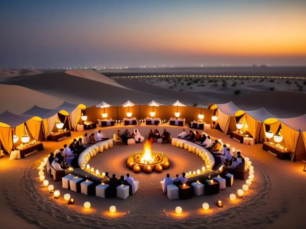 Banquete bajo las estrellas en Dubai: lujoso campamento en el desierto con mesa elegante, paisaje lunar y ambiente mágico