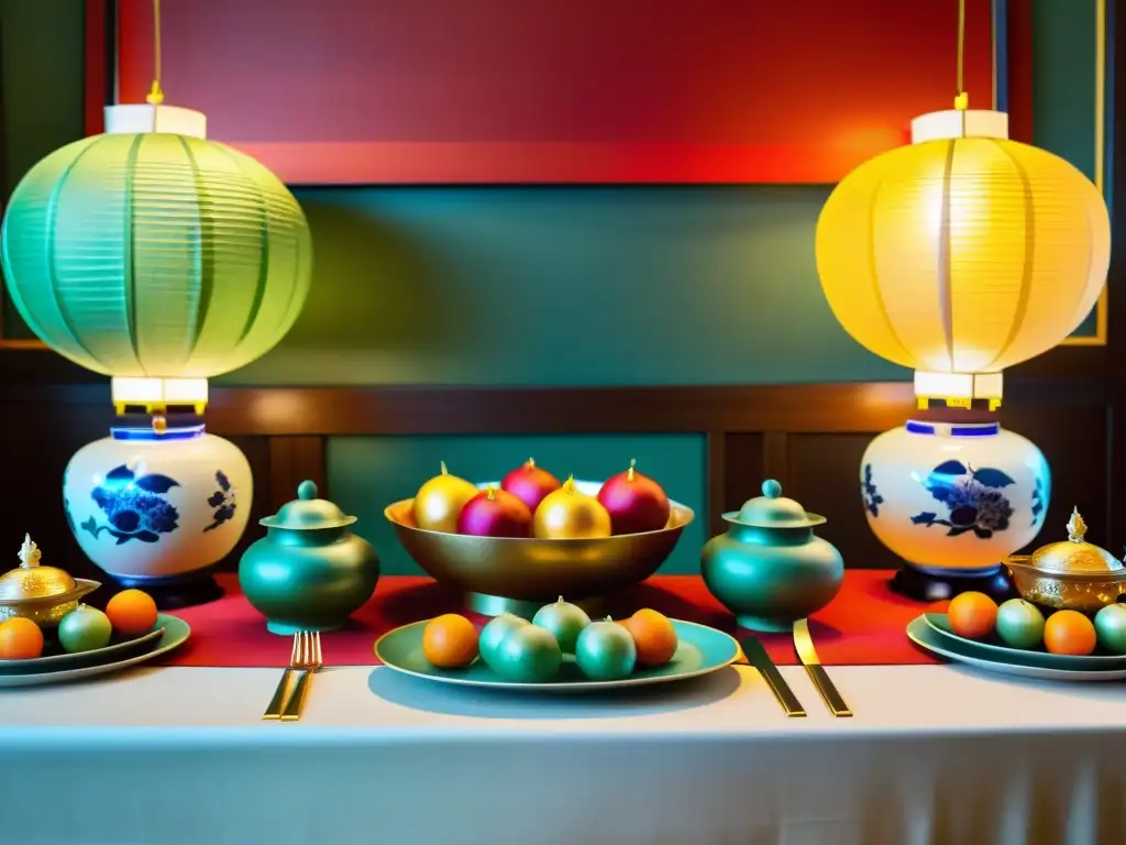 Un banquete inspirado en la Dinastía Ming: mesa elegante con cerámica china, mantel de seda y centros florales, bajo la cálida luz de linternas