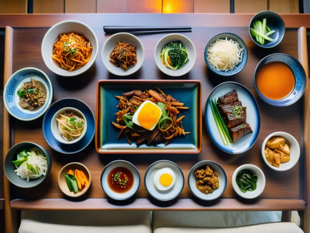 Un banquete de sabores coreanos e historia, reflejado en una mesa tradicionalmente decorada con vibrantes platos y elegante vajilla
