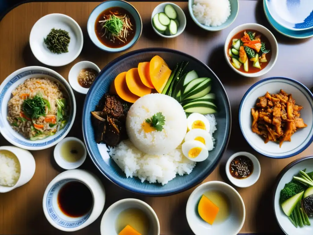 Un banquete tradicional coreano, con una variedad de platos coloridos y arreglados con cuidado en una mesa baja