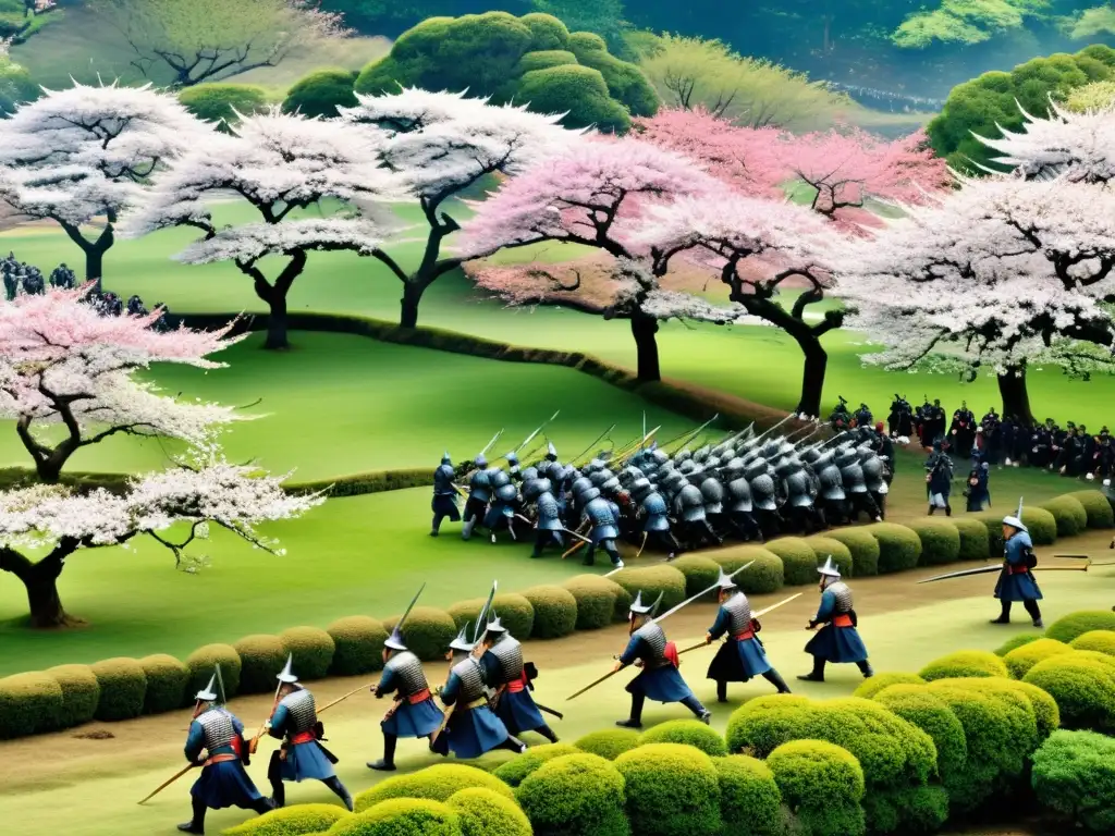 Batalla épica de samuráis en Japón feudal con poder militar y paisaje vibrante de cerezos en flor