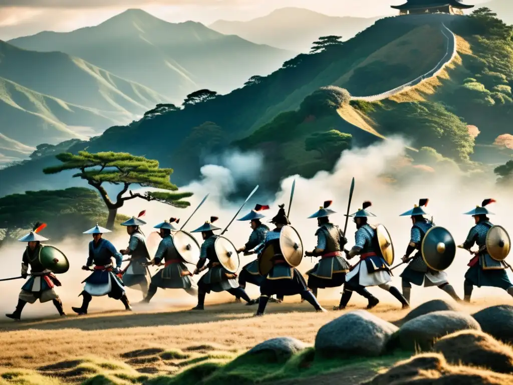 Batalla samurái: estrategia y sabiduría del samurai Miyamoto Musashi en un paisaje épico de colinas y combate intenso