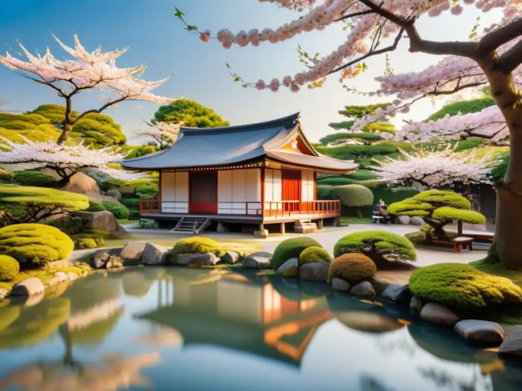 Baterías portátiles con arte oriental: Un teahouse japonés tradicional entre cerezos en flor, un estanque sereno y una ceremonia del té