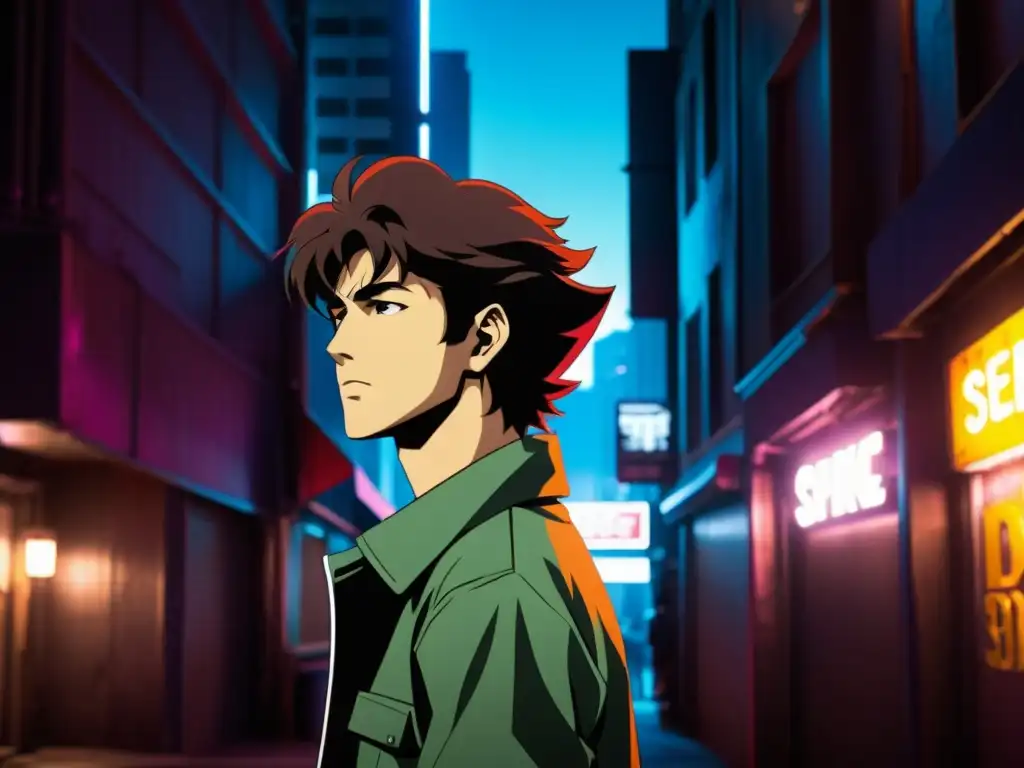 Spike Spiegel, de Cowboy Bebop, en un callejón con luces de neón, refleja el estilo transgresor de los animes que rompieron esquemas