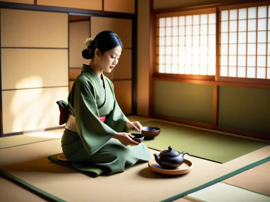 Beca completa MBA en Japón: Ceremonia del té japonesa, con maestro de té sirviendo matcha en una sala tatami serena y meticulosamente diseñada