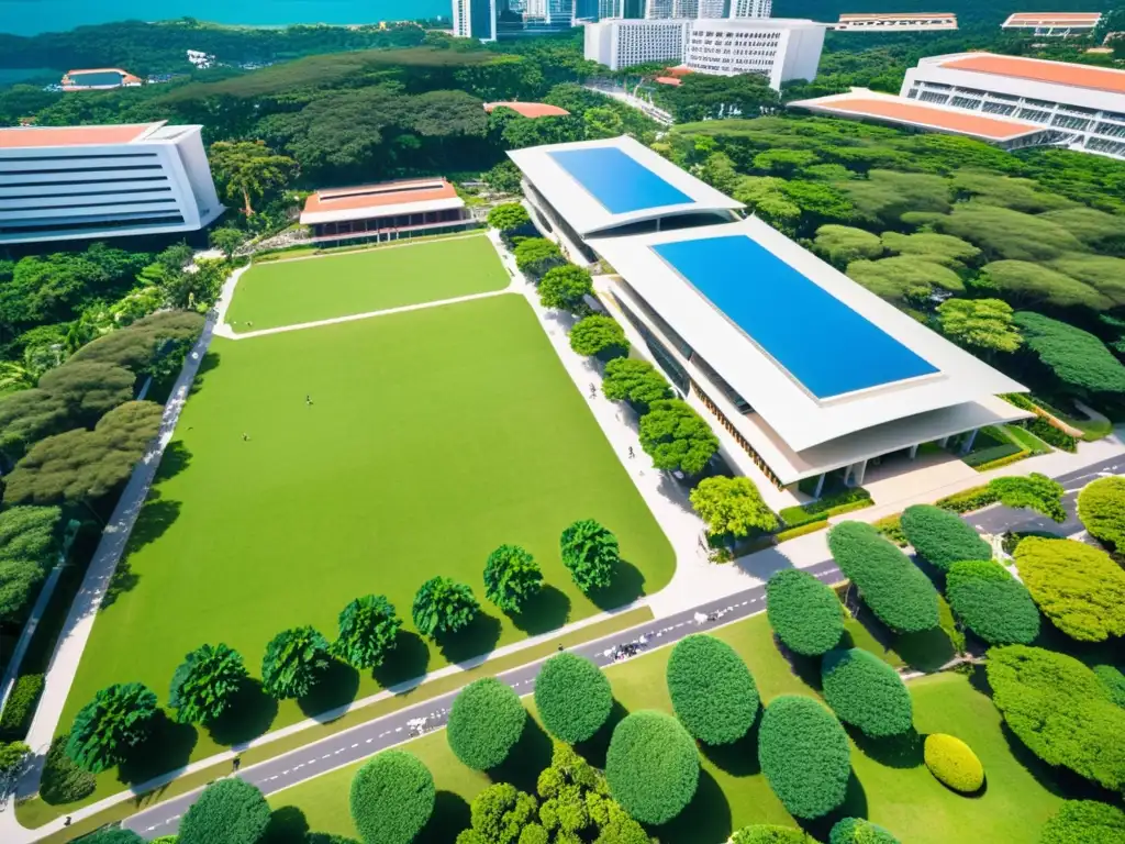 Becas para estudiar en Asia: Vista aérea de la Universidad Nacional de Singapur, con modernos edificios rodeados de exuberante vegetación y cielo azul