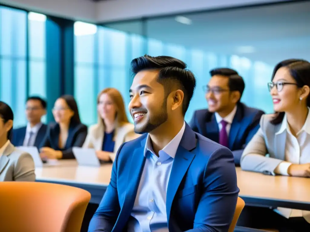 Solicitar becas en MBA asiáticos: Estudiantes de MBA de todo el mundo participan en animada discusión en aula moderna y bien iluminada en Asia