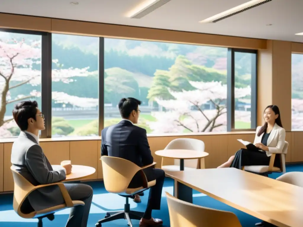 Becas completas MBA en Japón: Estudiantes diversos debaten en aula moderna y soleada, con vista a árboles de cerezo en flor