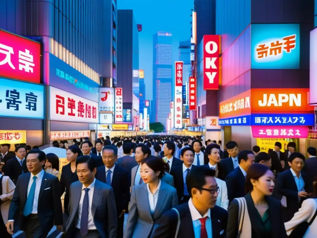 Becas completas MBA en Japón: Escena urbana de Tokio con neon lights, rascacielos y ejecutivos en traje de negocios