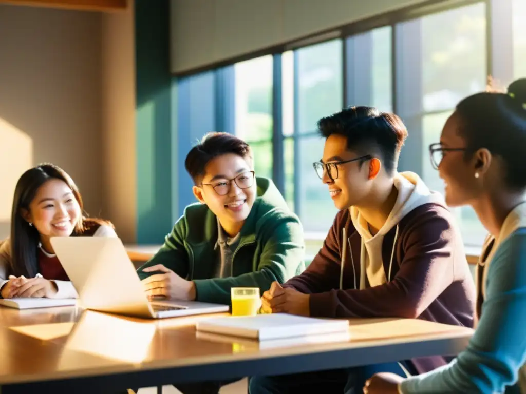 Becas para estudios en Asia: Estudiantes diversos colaboran en animada discusión en aula universitaria iluminada por sol