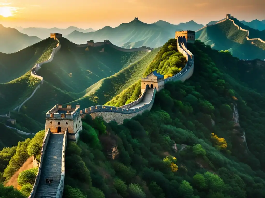 Becas para estudios en Asia: la Gran Muralla China se extiende majestuosa entre montañas, iluminada por el cálido resplandor del atardecer