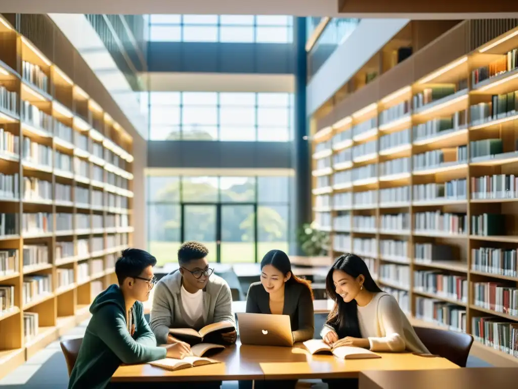 Becas para estudiar en Asia: Estudiantes diversos estudian juntos en una biblioteca universitaria moderna, inmersos en sus libros y laptops