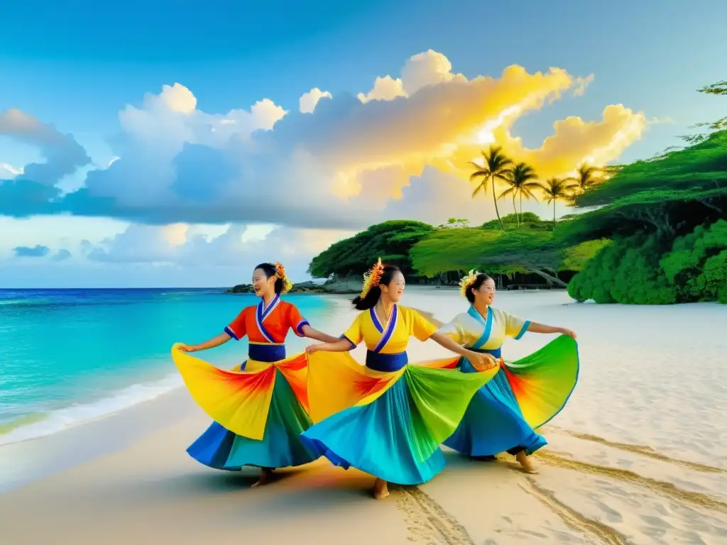 Bella danza tradicional en la playa de Okinawa, con el mar azul de fondo, vestimenta colorida y ambiente cultural y natural