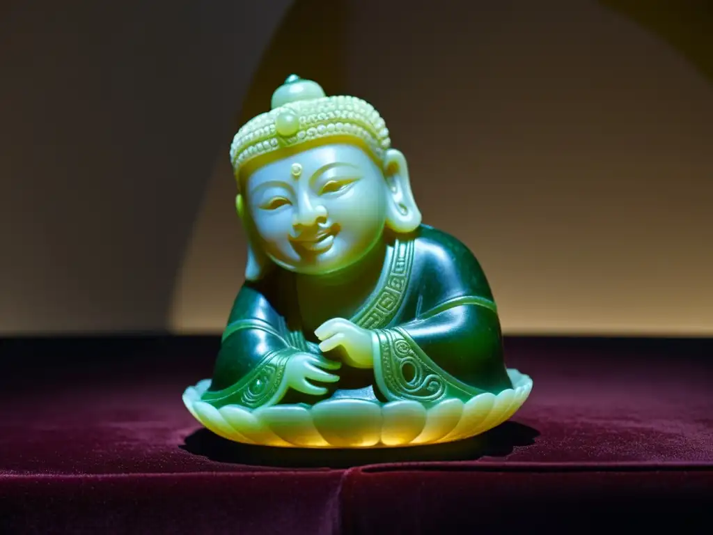 Descubre la belleza de las antigüedades chinas en esta escultura de jade de la dinastía Han, iluminada en un museo