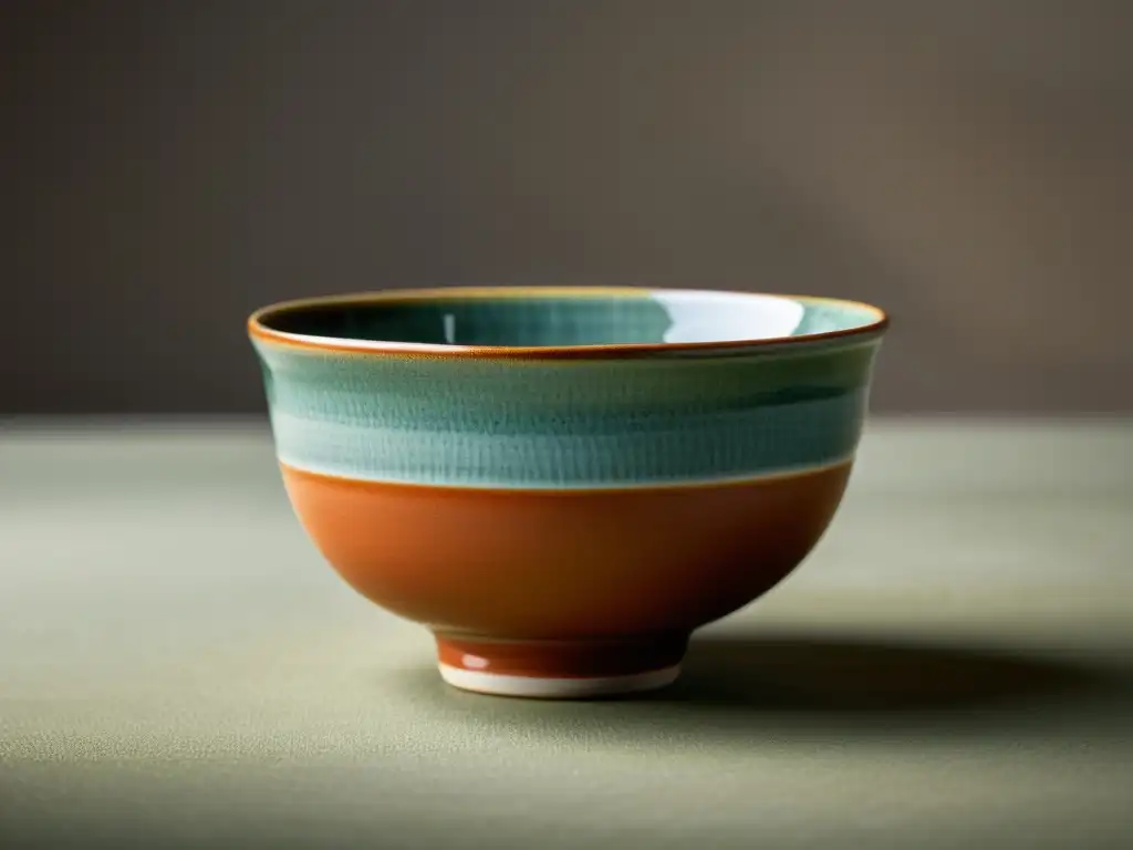 Belleza funcional en cerámica asiática: un chawan japonés exhibe su diseño artesanal con sutiles imperfecciones y tonos terrosos