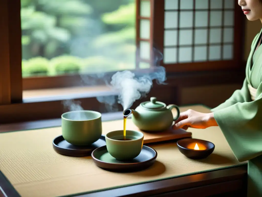 Belleza funcional en cerámica asiática: una ceremonia japonesa del té con un juego de té de cerámica y el maestro sirviendo té verde