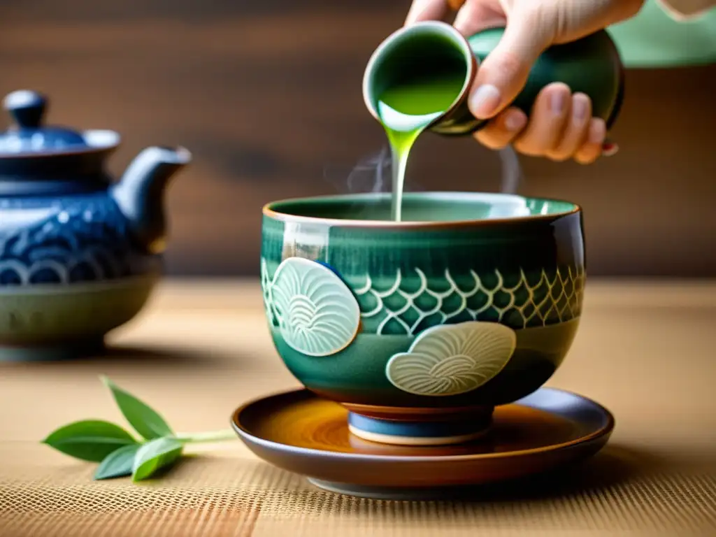 Belleza funcional en cerámica asiática: Detalle de un cuenco de té japonés artesanal durante una ceremonia, resaltando patrones y texturas