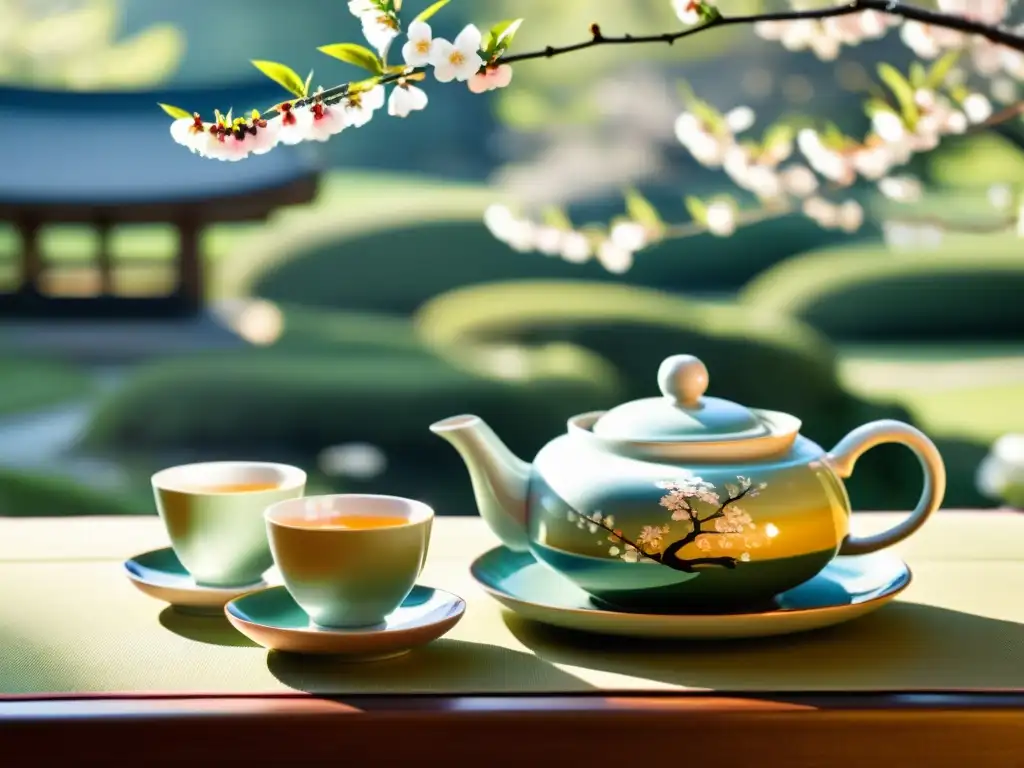 Belleza funcional en cerámica asiática: delicado juego de té japonés con diseño pintado a mano, en un jardín tranquilo con cerezos en flor