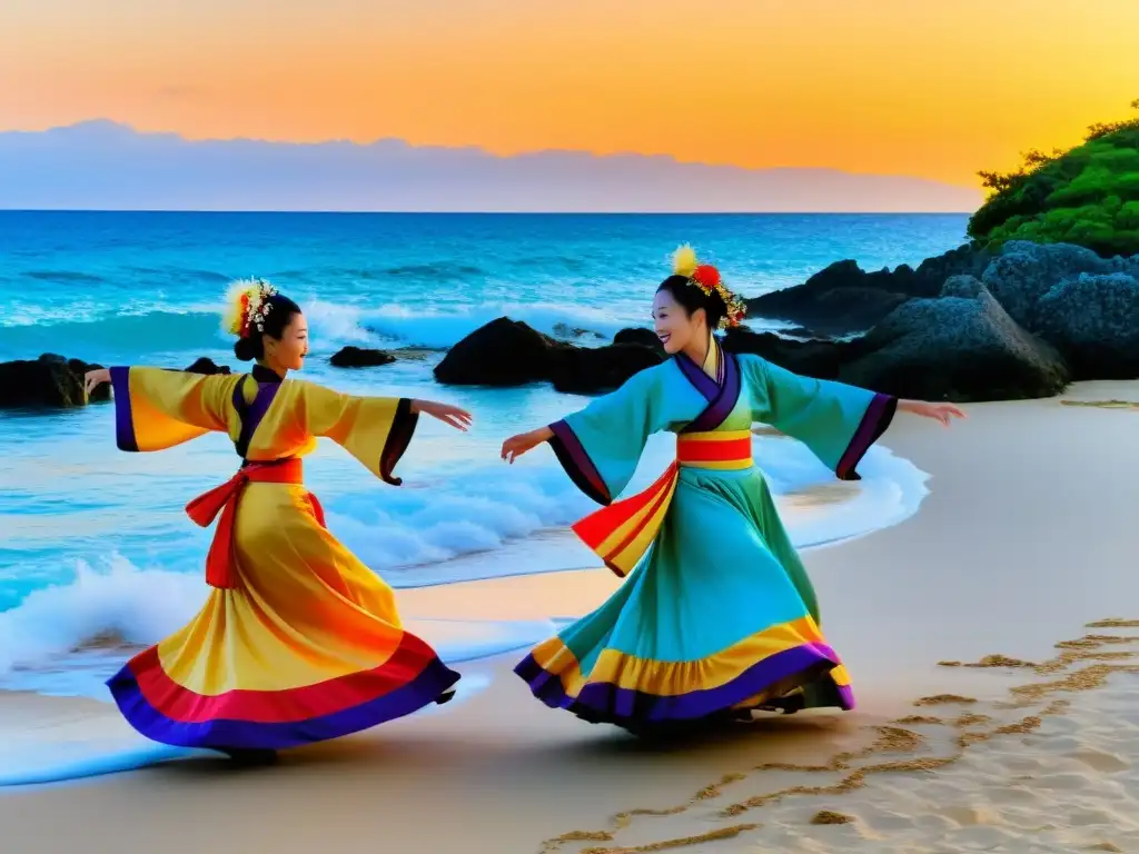 Belleza natural y cultural de Okinawa: Baile tradicional al atardecer en la playa, con danzantes y espectadores cautivados