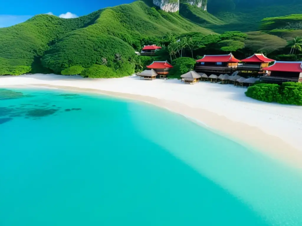 Belleza natural y cultural de Okinawa: playa de arena blanca, aguas turquesas, palmeras y aldeas tradicionales frente a acantilados