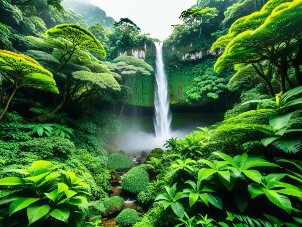 Belleza natural y cultural de Okinawa: exuberante selva con cascada, vegetación vibrante y luz solar filtrándose