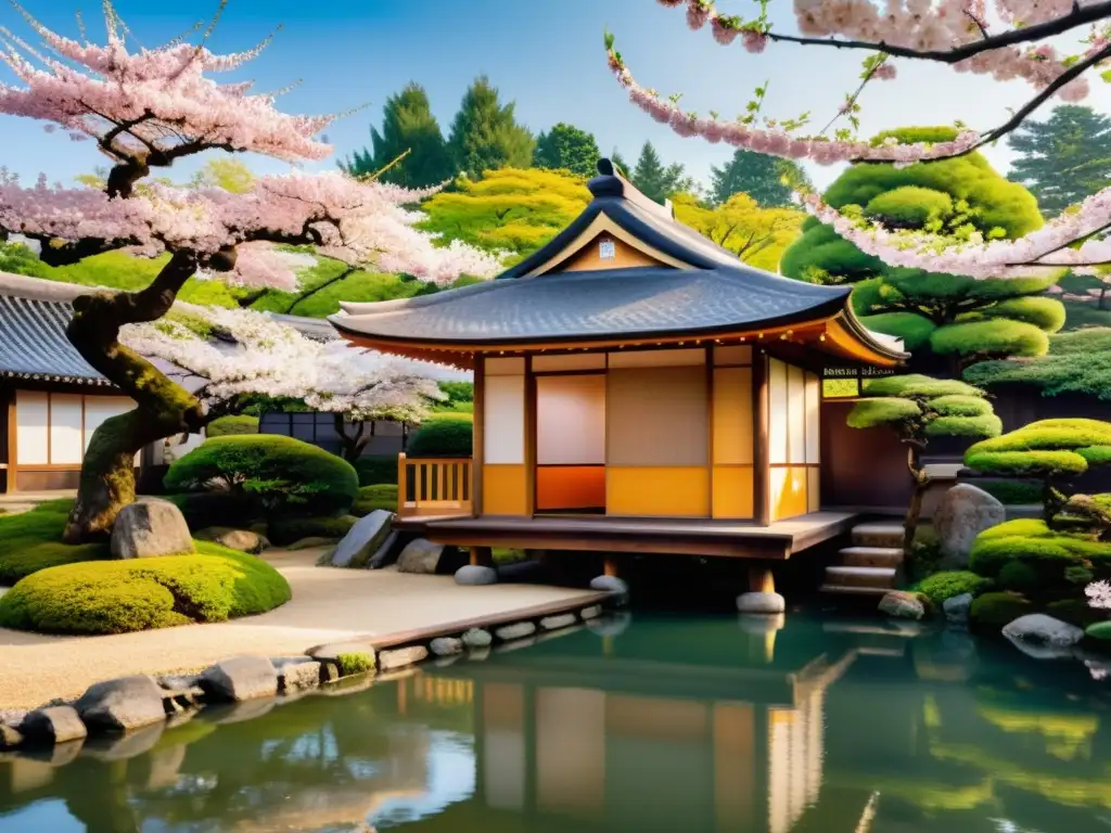 Un bello teahouse japonés rodeado de exuberantes jardines y cerezos en flor